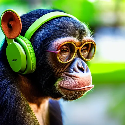 Image similar to a photo of a green chimp wearing headphones