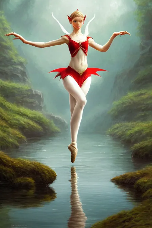 Image similar to elegant elf ballerina standing in lake, highly detailed, d & d, fantasy, highly detailed, digital painting, trending on artstation, concept art, sharp focus, illustration, global illumination, ray tracing, realistic shaded, art by artgerm and greg rutkowski and fuji choko and viktoria gavrilenko and hoang lap