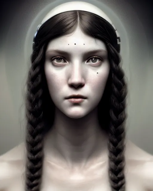 Image similar to dreamy, monochrome, subsurface scattering, white, young beautiful cyborg - goddess in cosmos, octane render, dino valls, mark ryden, joe fenton, michal karcz, highly detailed, rim light, art, cinematic lighting, very coherent, hyper realism, 8 k