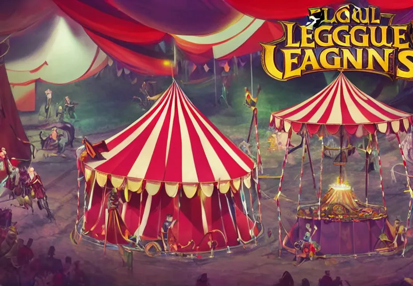 Image similar to a circus tent in an evil carnival in the style of league of legends