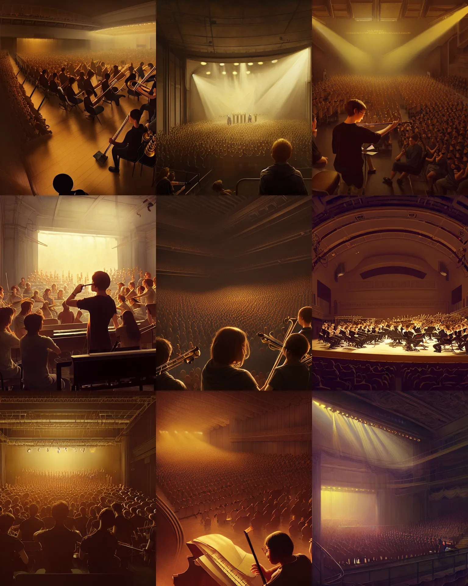 Prompt: high school concert band orchestra practice afternoon, theatre concert golden back lighting, bokeh dof, intricate, 8 k, unreal engine, illustration, highly detailed, digital painting, concept art, matte, art by ruan jia and wlop and greg rutkowski, masterpiece