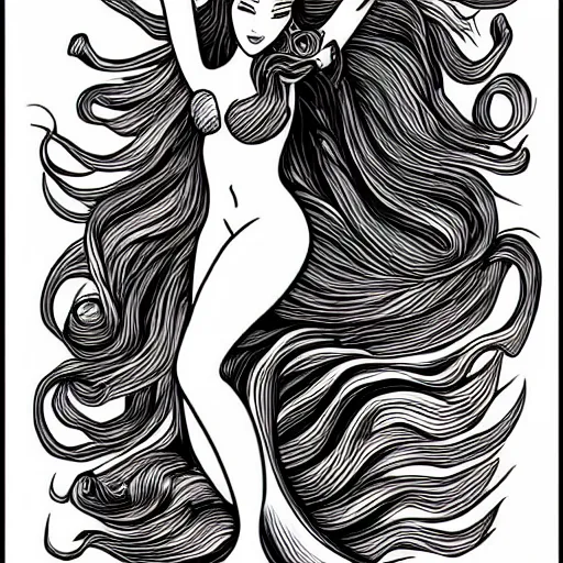 Image similar to black and white illustration, creative design, beautiful feminine mermaid with flowing hair