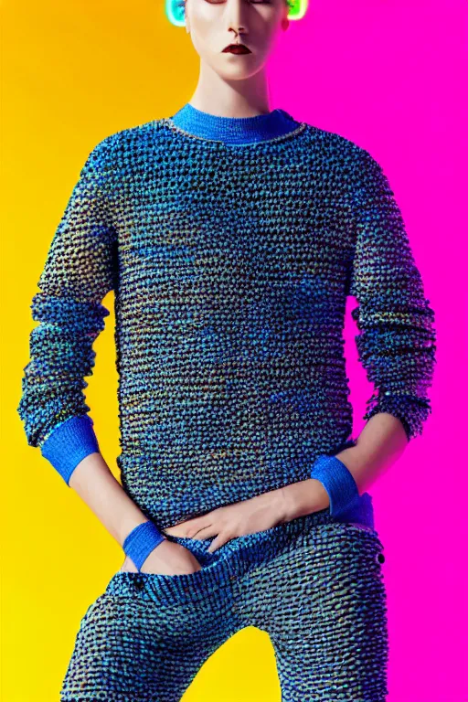 Image similar to stylish pullover for a rave bright colors, many details, photo for a magazine, photo for a store, fashion photography, Vogue, cinematic, hyper realism, high detail, 8k, very coherent symmetrical work, perfect face model, full length photo, Upper and lower body, white eyes, photographer style by Nik Night Erik Madigan Hec and Walter Chin and Camilla Akrans and Miles Aldridge