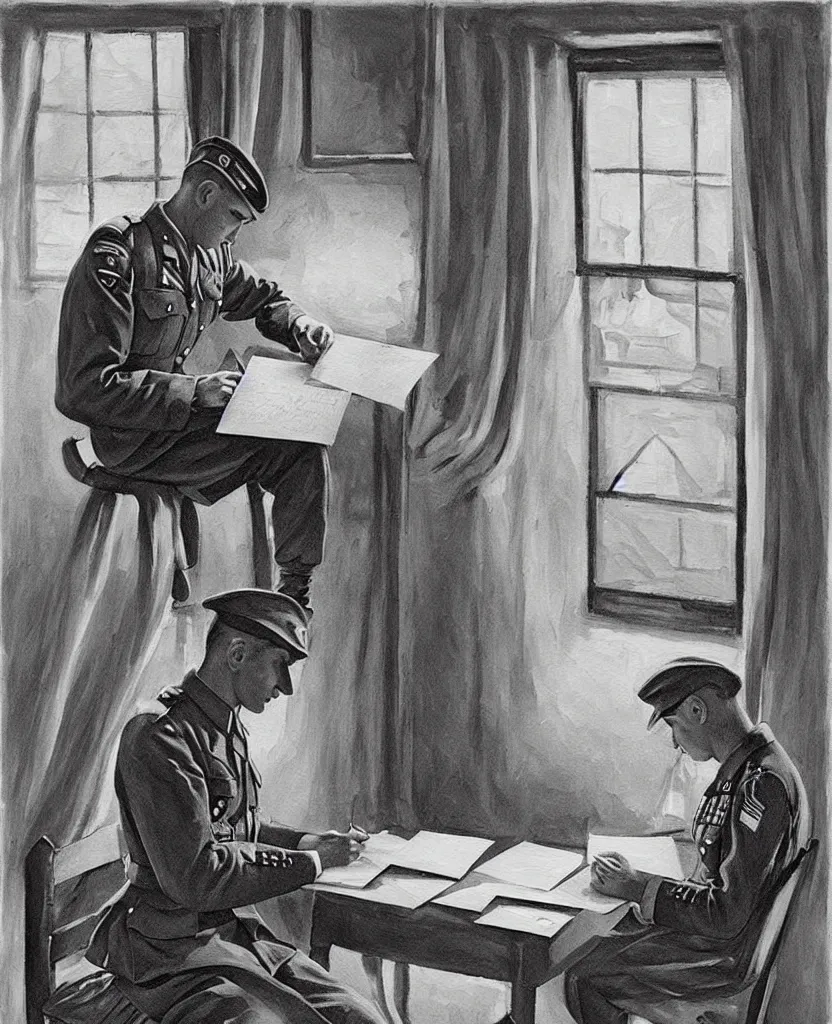 Prompt: a beautiful painting of a soldier writing a letter to home with wwii in background, black and white, painted by escher