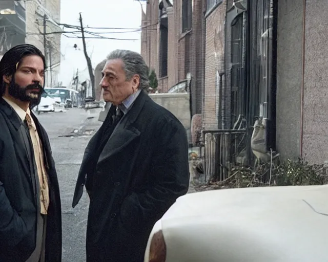 Prompt: in this scene from david chase's hbo miniseries / the outfit /, a supernatural mafia crime thriller about magical monster - hunting mafiosi in 9 0 s philadelphia, the main character ( / joe manganiello / ) is being interrogated by his boss ( / robert de niro / ). realistic hd 8 k film photography. composition inspired by christopher mckenna.