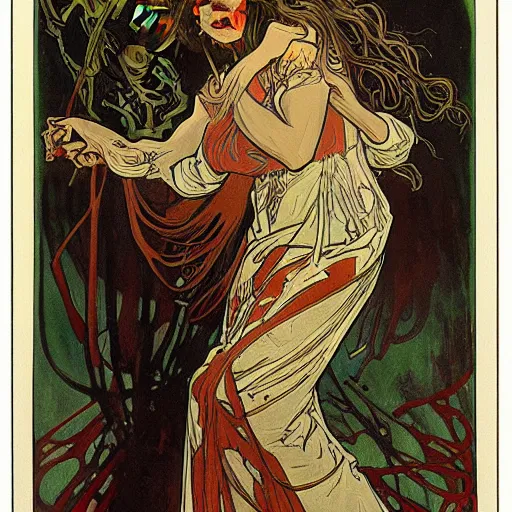 Image similar to zombie, painted by alphonse mucha