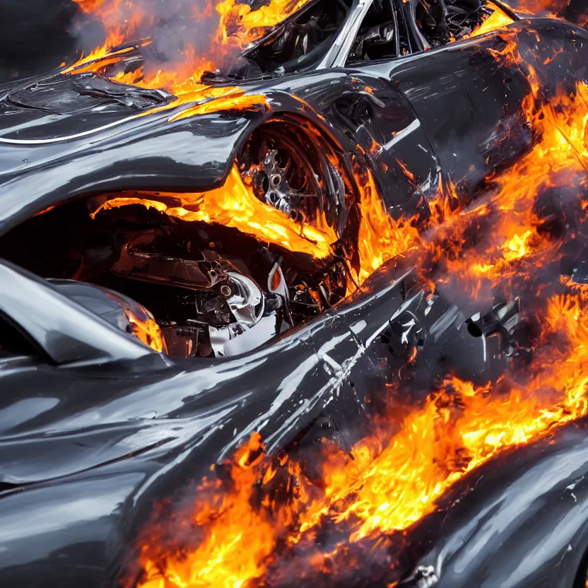 Prompt: close - up of a chrome pagani huayra on fire after a big crash, 8 k, highly detailed, realistic