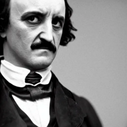 Prompt: A close up portrait of Edgar Allan Poe vaping. Movie still.