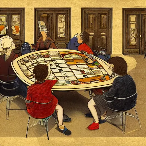 Image similar to A beautiful Leonardo Vavinci illustration of a table where smart people sit and play a board game.