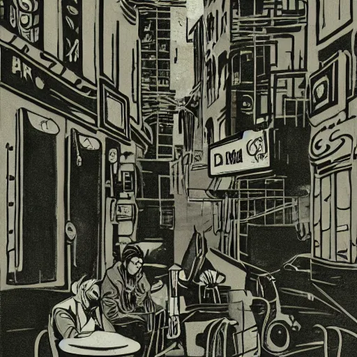 Prompt: drinking coffee in the streets, in the style of james jean, film noir, dark atmosphere