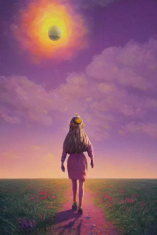 Prompt: giant corn flower head, girl walking on the moon, surreal photography, sunrise, dramatic light, impressionist painting, colorful clouds, digital painting, artstation, simon stalenhag