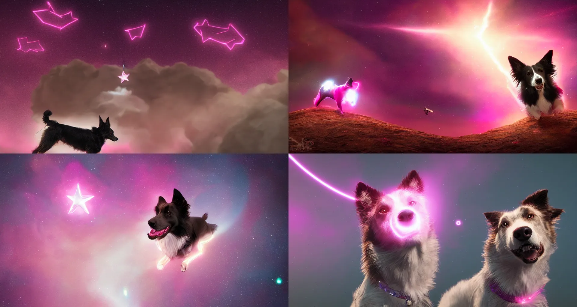 Prompt: a border collie dog in outer space wearing a pink star necklace, light trail, digital art, game art, octane render, space, sci-fi, game art