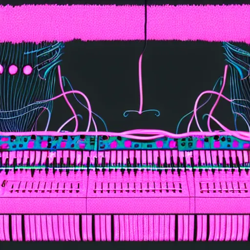 Image similar to illustration of a human form made of pink patch cables, using a large modular synthesizer