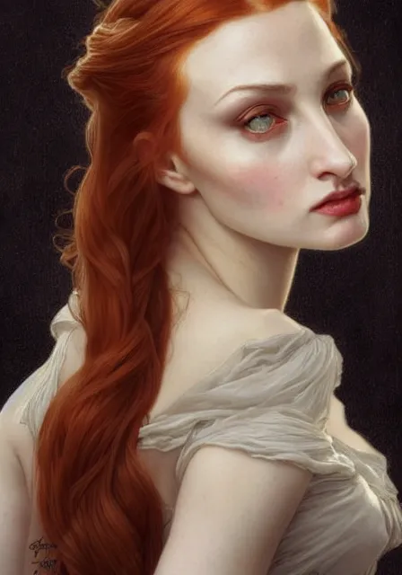 Image similar to sansa angeline jolie gessica chastain victorian vampire, intricate, elegant, highly detailed, digital painting, artstation, concept art, smooth, sharp focus, illustration, art by artgerm and greg rutkowski and alphonse mucha and william - adolphe bouguereau