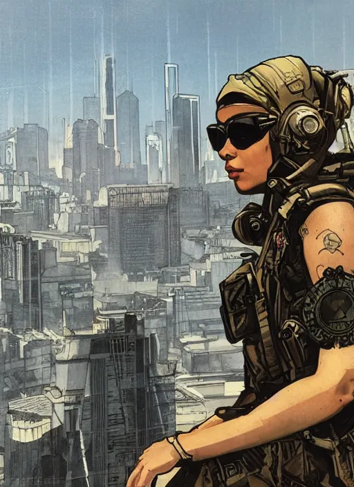 Prompt: Dinah. USN special forces operator looking at city skyline. rb6s Concept art by James Gurney and Alphonso Mucha.