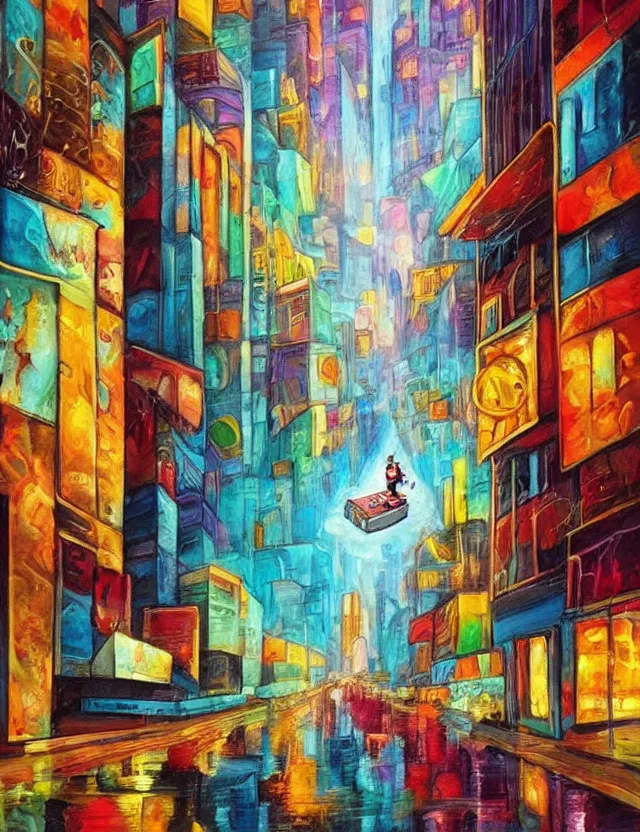 Image similar to ice cream spirit lost in a metropolis. this art noveau painting by the award - winning artist has dramatic lighting, an interesting color scheme.