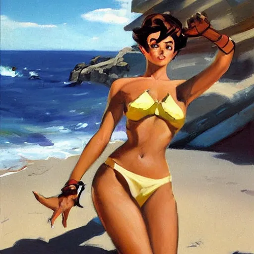 Prompt: greg manchess pinup painting of overwatch's tracer in a bikini, in a futuristic beach, 1 9 5 6