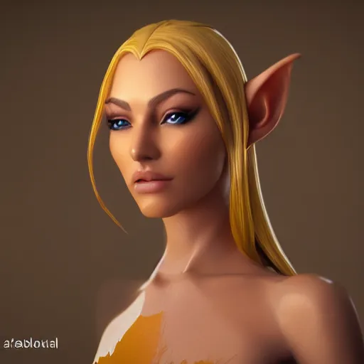 Image similar to portrait of a beautiful female high elf with tan skin, 3 d octane render trending on art station 8 k