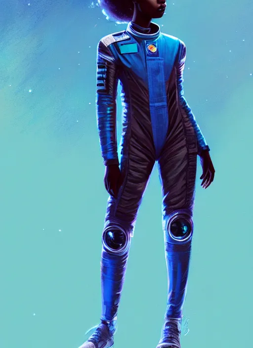 Prompt: full body portrait of young black woman as an astronaut, teal flight jumpsuit, intricate, beautiful and elegant, highly detailed, digital painting, artstation, concept art, smooth, sharp focus, illustration, art by wlop, mars ravelo and greg rutkowski