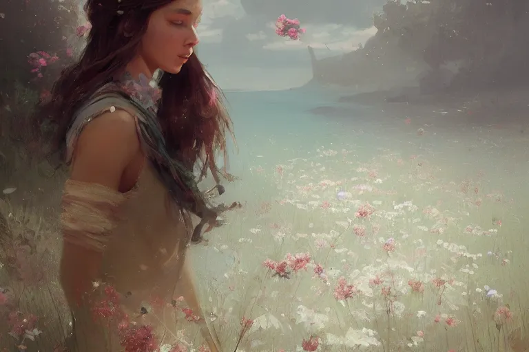Image similar to a beautiful painting of the sea of flower, girl, by greg rutkowski, trending on artstation