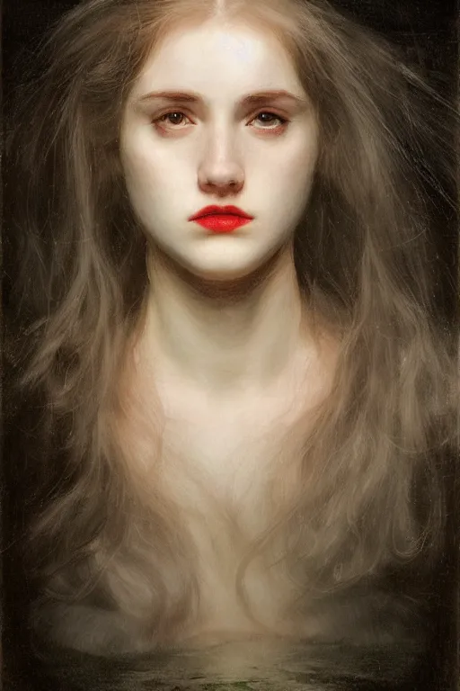 Image similar to young woman's face breaking the waters surface, long black hair, pale skin, symmetrical face, photorealism, 4k, dramatic lightning, by Millais,