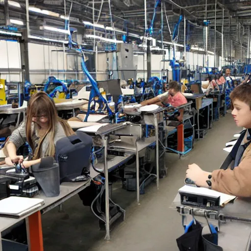 Prompt: lots of young workers slaving in the short factory in drupal