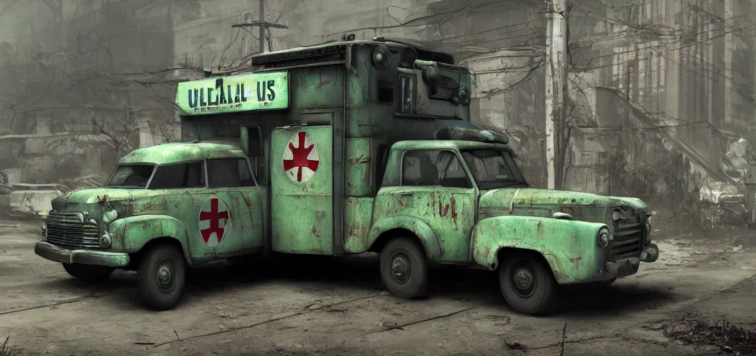 Image similar to fallout ambulance, 8 k photorealistic, hd, high details, trending on artstation