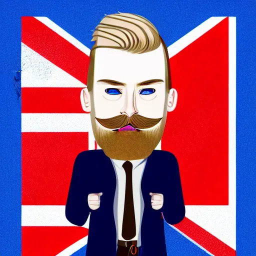 Image similar to A portrait of a british man, teacher, with short blond hair and a short blond beard, blue eyes, pale skin, English heritage, digital art, cartoon, mid-shot, 8k