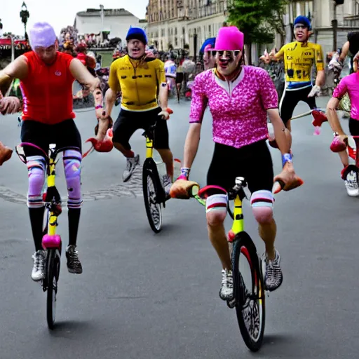 Prompt: sports photo of troupe of clowns on unicycles in a bunch sprint at tour de france