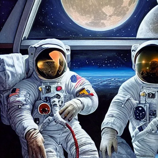 Image similar to two astronauts sitting in the corner booth of a greasy diner on the moon, beautiful painting, incredible detail, stunning light