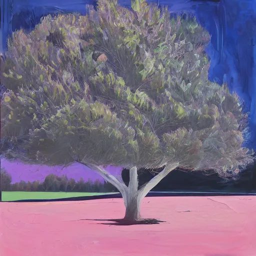 Image similar to _ in _ these _ paintings _ we _ see _ a _ big and tall _ woman in a busy void space with a tree, 4 k, in the style of ben quilty, edward hooper, minimal pink palette, medium shot, three point light, oil paint with thick brushstrokes of paint, impasto, detailed,