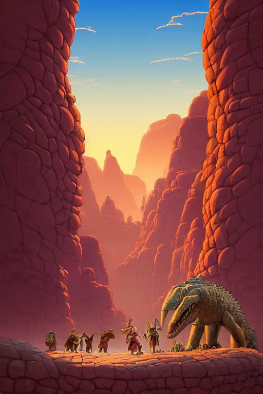 Image similar to Epic ancient fantasy desert landscape of a red sandstone city dwarfed by a colossal stone crocodile monument statue, tiny villagers gather to worship. Zoomed out vast vista, HD, Pixar movie quality. Trending on DeviantArt, highly detailed, 2d game poster by Jesper Ejsing, by RHADS, Makoto Shinkaih and Lois van baarle, ilya kuvshinov, rossdraws, cinematic , hyper-realistic, depth of field, coherent, high definition, 8k resolution octane renderer,