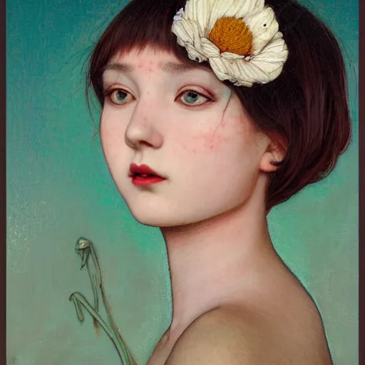 Image similar to white cat girl, botanical, portrait face, colorful, frantisek kupka, intricate, miles johnston, kuroda seiki, cynical realism, ozabu, john william godward, painterly, yoshitaka amano, moebius, miles johnston, louise zhang, james jean, mark ryden lowbrow pop surrealism art style