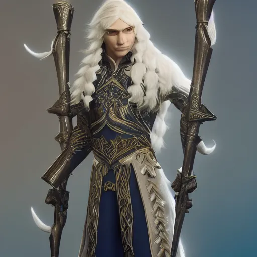 Image similar to a highly detailed male elf in full length, with white long hair, white clothes, bright blue eyes, artstation, DeviantArt, professional, octane render