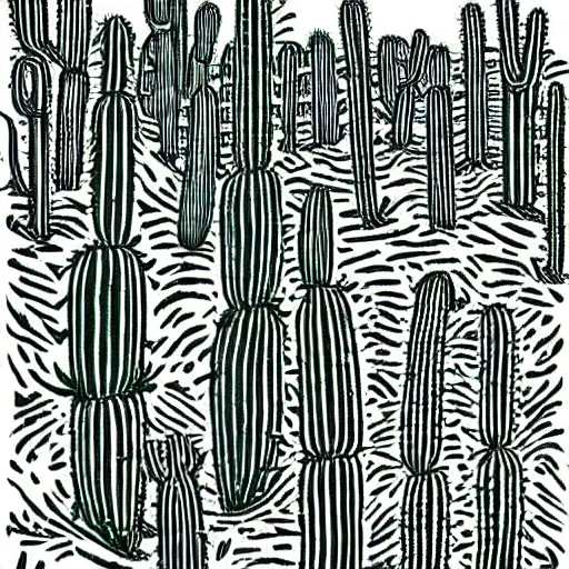 Prompt: Linocut Art on paper of a beautiful field of cactus. Epic Latin American Linocut Art.