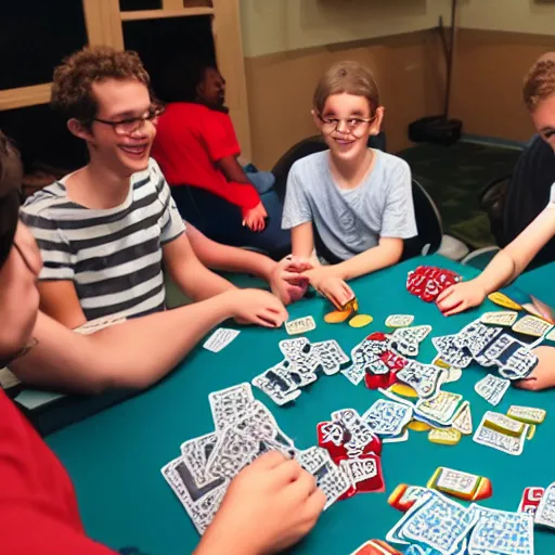 Prompt: sweaty nerds playing a children's card game