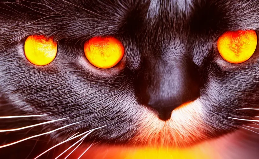 Image similar to A black cat with red eye in one eye and orange eye in another, incredible cinematic studio lightning, 4k