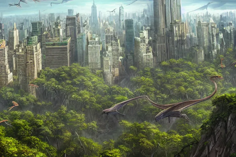 Prompt: an epic view of manhattan covered in a jurassic jungle, vines, pterosaurs flying, close - up, low angle, wide angle, atmospheric, cinematic, very realistic, highly detailed digital art, painted by tyler edlin