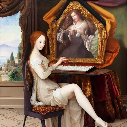 Image similar to renaissance oil painting, rococo, manga skinny female artist gestural painting brush freely giant wall size computer screen and keyboard, dolls