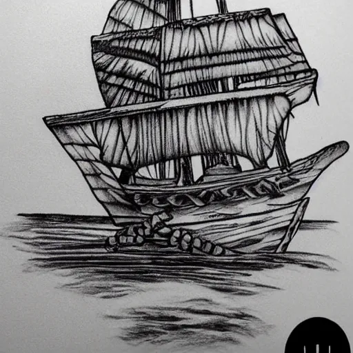 Image similar to pirate ship on a deserted island, realism tattoo drawing, hyper realistic, shaded