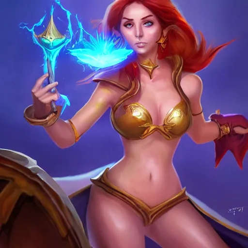 Prompt: The sorceress casting a fire ball, league of legends, tiny abdomen & inflated hips body, amazing realistic eyes, coherent arms and hands, digital painting, artstation, concept art, smooth, sharp focus, illustration, ArtStation, art by 1000000% Hearthstone