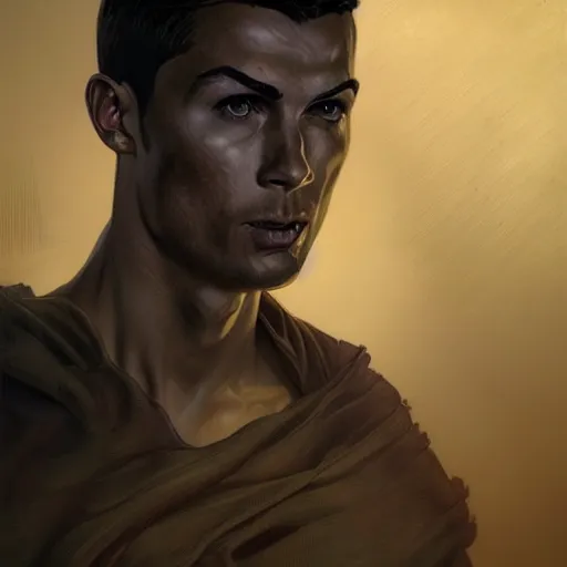 Image similar to Portrait of Cristiano Ronaldo , cloak, male, fantasy, extremely detailed, digital painting, artstation, concept art, smooth, sharp focus, illustration, stunning lighting, art by artgerm and greg rutkowski and alphonse mucha and simon stalenhag, realistic character concept, high fantasy, dark atmosphere, golden ratio, cinematic lighting, hyperdetailed, high resolution, insanely detailed and intricate, artstation, Marc Simonetti, Greg Rutkowski, 8k