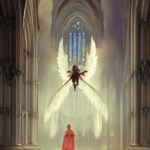 Image similar to angel protecting man who is praying inside a gothic church by Stanley Artgerm Lau, WLOP, Rossdraws, James Jean, Andrei Riabovitchev, Marc Simonetti, Yoshitaka Amano, ArtStation, CGSociety