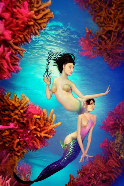 Image similar to beautiful mermaid swimming through bioluminescent algae coral reefs by dang my linh