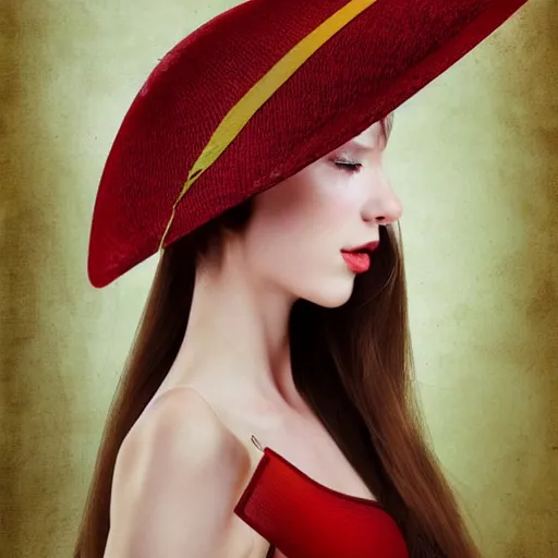 Prompt: elegant girl in a hat with red strip, digital art