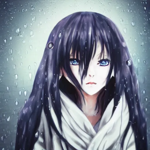 Image similar to 1 7 - year - old anime goth girl, black hair, long bob cut, long bangs, gothic coat, long bangs, united kingdom, rainy day, small town, midlands, english village, street scene, ultra - realistic, sharp details, cold lighting, blue and gray colors, intricate details, subsurface scattering, hd anime, 2 0 1 9 anime