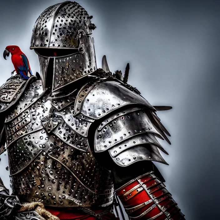 Image similar to photo of a warrior with metal parrot themed armour, highly detailed, 4 k, hdr, smooth, sharp focus, high resolution, award - winning photo