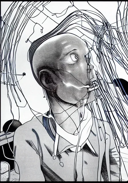 Image similar to wires, factory worker with pleasure - generating electrode in the head, by amano yoshitaka, 8 k hd, factoryjunji ito