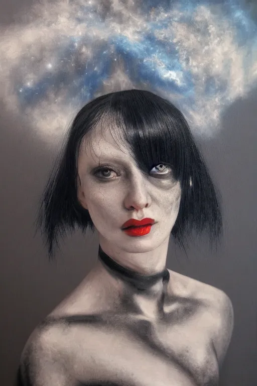 Image similar to hyperrealism oil painting, close - up portrait of albino medieval fashion model, black silk, steel gradient mixed with nebula sky, in style of baroque