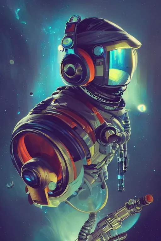 Image similar to a poster design of a cyberpunk astronaut wearing headphones in space, universe, cyberpunk, warm color, Highly detailed labeled, poster, peter mohrbacher, featured on Artstation